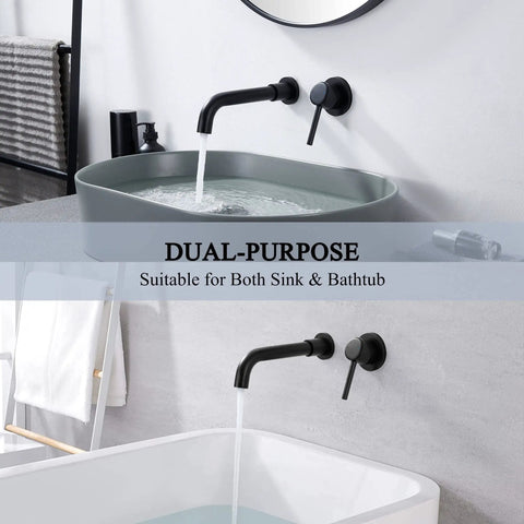 Matte Black Wall Mount Bathroom Faucet With Single Handle 360 Degree Swivel Long Spout Solid Brass Construction Dual Purpose For Sink Or Bathtub Rough In Valve Included Easy Temperature And Flow Control installed over sink and bathtub