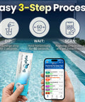 Person using 10-In-1 Pool And Spa Water Test Kit With App For Hot Tubs And Saltwater Pools by a swimming pool
