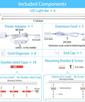 Components of Under Cabinet LED Lights Kit With Six 12 Inch Bars Seamlessly Linkable Includes Adapter And Switch Ideal For Kitchen Cabinets Gun Safes Shelves And Display Cases 5000K Daylight 960 Lm High CRI 90 Plus Flicker Free Glare Free ETL Listed including LED bars, power adapter, extension cords, cord organizer, and mounting brackets.