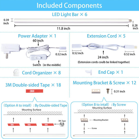 Components of Under Cabinet LED Lights Kit With Six 12 Inch Bars Seamlessly Linkable Includes Adapter And Switch Ideal For Kitchen Cabinets Gun Safes Shelves And Display Cases 5000K Daylight 960 Lm High CRI 90 Plus Flicker Free Glare Free ETL Listed including LED bars, power adapter, extension cords, cord organizer, and mounting brackets.
