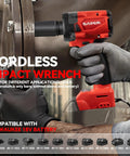 Beast Mode Cordless Impact Wrench 1/2 Inch Brushless Motor delivers serious 200 Ft Lbs torque, shown in use with gloves on.