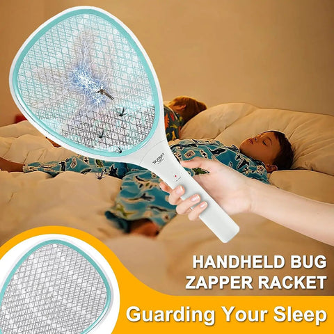 Handheld Bug Zapper Racket With 3000 Volt Instant Shock used indoors beside sleeping child