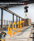 Shop Ready Electric Chain Hoist With 2200 Lb Capacity hoisting a large crate with remote, 492 ft wireless range visible