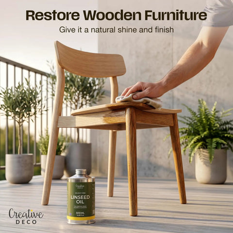 Natural Linseed Oil Wood Protector And Clear Varnish 500 Ml by a person applying finish on a wooden chair.