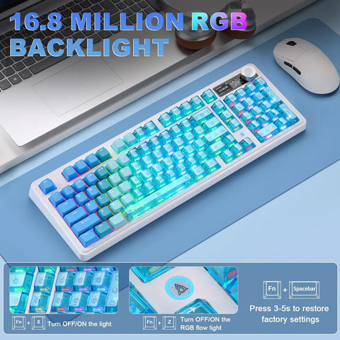 Dual 8K Wireless Mechanical Keyboard With Blue Lychee Switches showcasing vibrant RGB backlight and knurled volume dial.