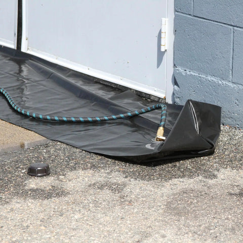 Reusable Water-Filled Flood Barrier Curb for Quick Home Flood Defense by a wall, 6.5in x 10ft PVC with hose connection