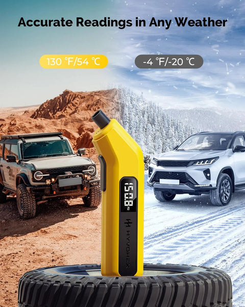 Front view of a yellow digital tire pressure gauge with LED display standing on a tire