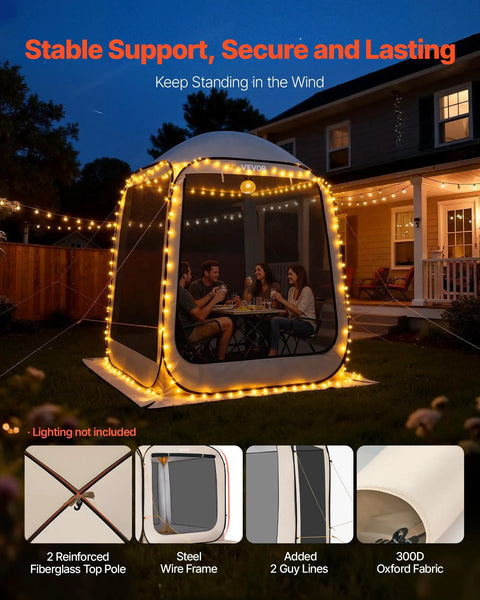 6x6 Ft Pop Up Screen Tent For 4 To 8 People Portable Screen Room Gazebo With Netting Carry Bag Ground Stakes Ideal For Patio Backyard Hangouts And Outdoor Gatherings at night with lights.
