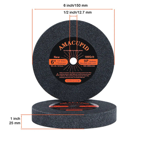Premium Nylon Deburring Wheels 6 Inch, 180 Grit Silicon Carbide Buffing Pads 5 Pack showing 6 inch diameter wheel and 1 inch thickness.