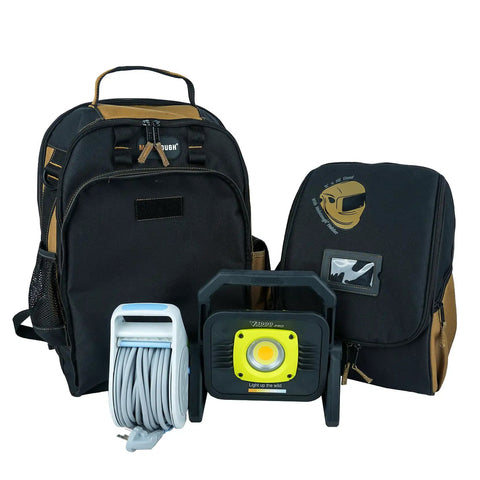 Heavy Duty Welding Backpack With Removable Helmet Bag and Mega Capacity Built Tough in Khaki with organizer visible