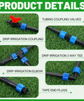 Diagram showing components of 1000 Ft Drip Tape Irrigation Kit with couplings, valves, tees, elbows, and end plugs on grass.