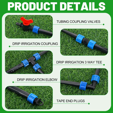 Diagram showing components of 1000 Ft Drip Tape Irrigation Kit with couplings, valves, tees, elbows, and end plugs on grass.