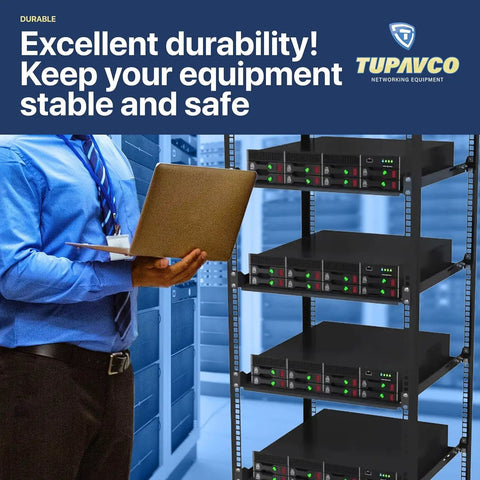 Heavy Duty 1U Server Rack Shelf 3 Pack Featuring Four Post Mount Tray Compatible With Standard 19 Inch Racks with networking gear.