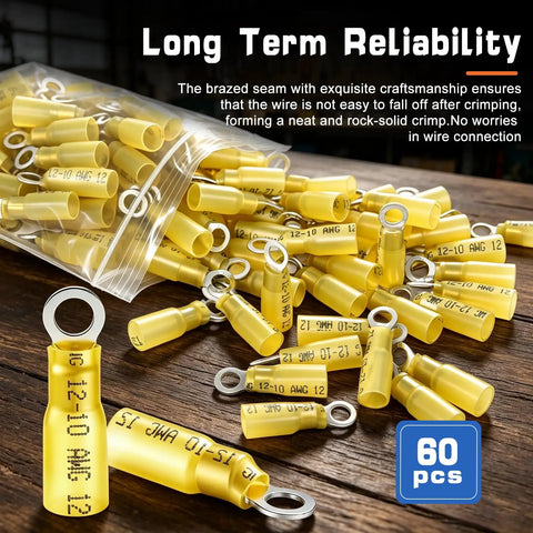 Badass Heavy Duty Heat Shrink Ring Terminals Waterproof Crimp Wire Connectors Quarter Inch Copper Lugs Awg 12 To 10 Adhesive Sealed pack of 60