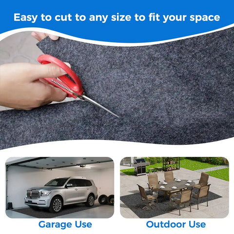 Heavy Duty Garage Floor Mat With Adhesive Backing For Under Car Work Area Oil And Water Resistant Grippy Non Slip Protector Absorbent Fabric With Waterproof Backing Garage Rugs And Mats To Guard Floors From Spills showing cut, garage, and outdoor use