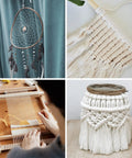 Collage of crafts including a dreamcatcher, macrame piece, weaving loom, and jar with White Cotton Butchers Twine String For Cooking And Roasting.