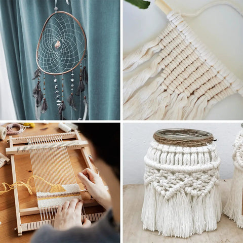 Collage of crafts including a dreamcatcher, macrame piece, weaving loom, and jar with White Cotton Butchers Twine String For Cooking And Roasting.