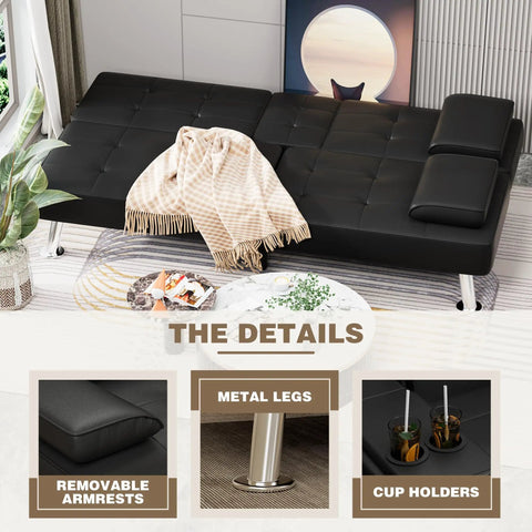 Ultra Comfy Leather Look Futon Sofa Bed with removable armrests, chrome legs, and cup holders in a living room setting.