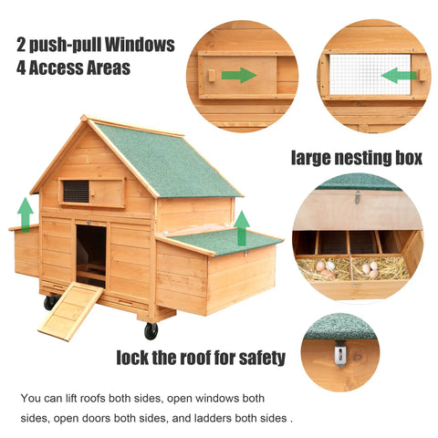 Mobile Wooden Chicken Coop On Wheels For Four To Six Chickens, large nesting box, predator proof mesh, backyard friendly design