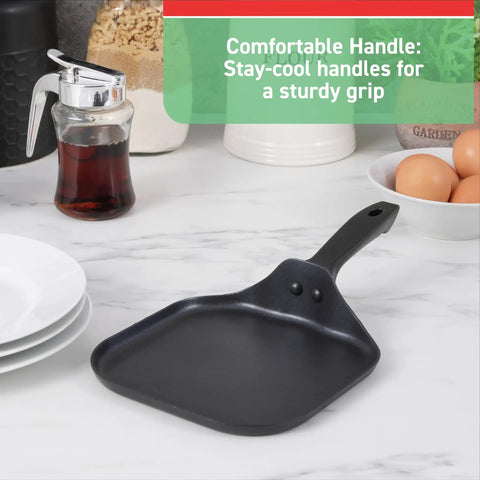 Specialty Nonstick Mini Griddle 6.5 Inch Pan with comfortable handle on a countertop marked for easy breakfasts.