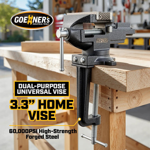3.3 Inch Bench Vise For Woodworking And Metalworking Heavy Duty Cast Iron Clamp Vise With 360 Degree Swivel Base on table