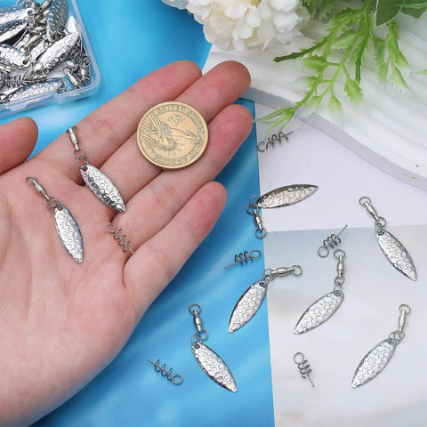 Spinner Blades With Ball Bearing And Spring Pins For Lure Making, Willow Tail Spinner Blades With Swivels, 30 Pcs Set, Durable Iron Construction, Pro Grade Build, Corrosion Resistant, Perfect Fish Attractor For Lure Building; silver blades in hand