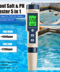 Slick Digital 5 In 1 Pool Water Tester Drops Crisp Ph Salt Tds Ec And Temp Readings In Seconds with clear display and water background.