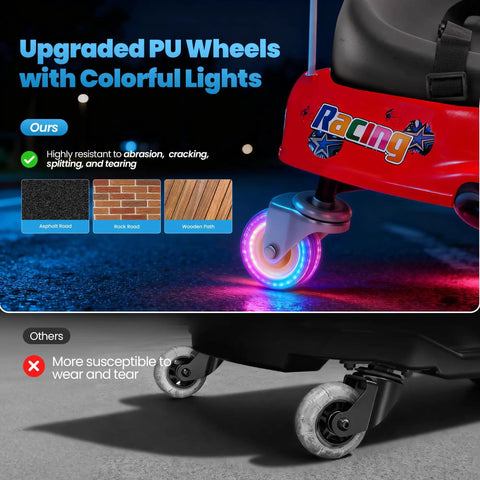 Close-up of glowing wheel on 24V Electric Drifting Go Kart For Kids 3 And Up With Glowing Wheels Two Speed Switch Anti Rollover Safety Indoor Outdoor Ride On Car Up To 175 Lbs Red