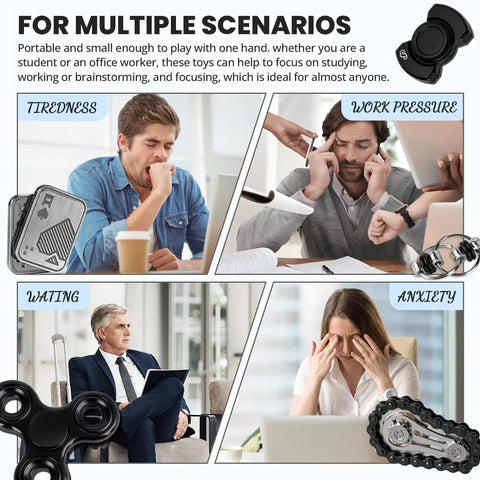 Collage showing 5 Pcs Fidget Toys Set For Adults With Magnetic Slider, Clicker, Spinner used in office, study, anxiety, waiting areas.
