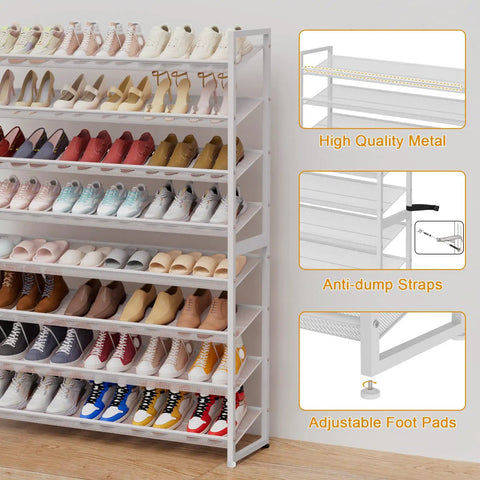 Heavy Duty Metal Vertical Shoe Rack Stackable Eight Tier White Organizer To Store Up To Fifty Pairs Of Footwear At Entryways Or Closets While Saving Floor Space And Keeping Your Daily Kicks Looking Crisp And Fully Sorted All Season Long
