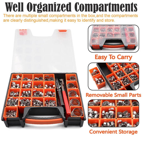 560 Pcs 22 Sizes 304 Stainless Steel Stepless Single Ear Hose Clamp Kit With Ear Clamp Pincer Tool in organized compartments