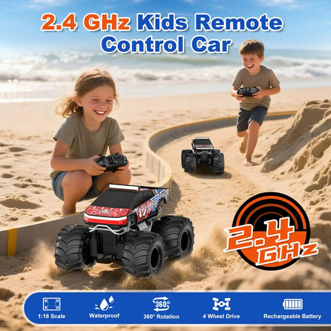 Children playing with Amphibious 1to18 Scale RC Monster Truck With 4WD And Waterproof Build All Terrain Off Road Pickup Remote