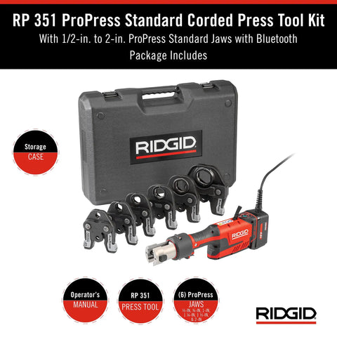 Corded ProPress Standard Tool Kit With 1/2 To 2 Inch Jaws Case And Attachments Brushless Motor Delivers Over 100000 Presses