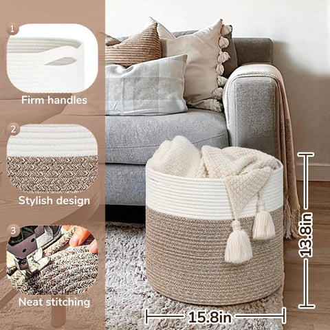 Cozy Cotton Rope Blanket Basket with Built-In Handles, 15.8 x 15.8 x 13.8 inches, in living room decor, filled with blankets.