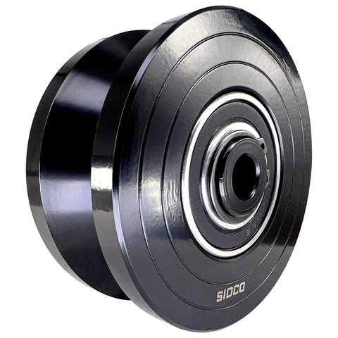 4 Inch V Groove Wheel Solid Steel Built Tough Heavy Duty Inverted V Shape Wheel For Slide Gates Bolt V Groove Zinc Plated 3000 Lb Load Capacity Half Inch Bore 2 Inch Hub Length Weldable Box