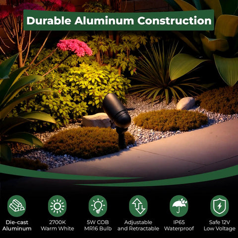 All-In-One Low Voltage Landscape Lighting Kit With Sweet 5W Spotlights illuminating garden bushes, aluminum fixture visible
