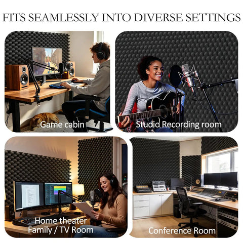 Gamechanging 1 Pack Egg Crate Acoustic Foam Panels enhancing audio clarity in diverse settings including a game cabin and studio.