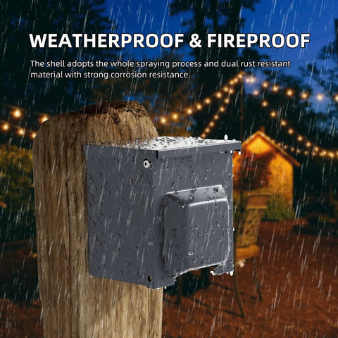 Solid As A Rock Weatherproof Outdoor Outlet Box Featuring Integrated GFCI Receptacle And Wall Switch ETL Certified on wooden post, rainproof design.