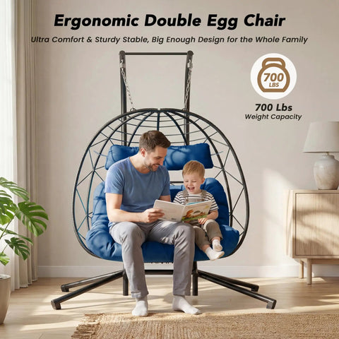 Two Seater Wicker Hanging Egg Chair With Stand 700 Lb Capacity Indoor Outdoor Double Swing Hammock in living room