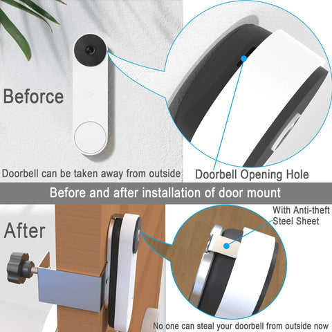 Before and after Anti Theft Doorbell Mount For Google Nest Battery Doorbell No Drill Rustproof Metal Mount installation