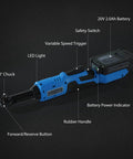 Beefy 20V Cordless Electric Ratchet Wrench Kit with Three Eighth Inch Drive showing battery, LED light, and rubber handle