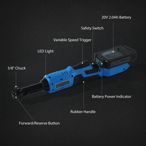 Beefy 20V Cordless Electric Ratchet Wrench Kit with Three Eighth Inch Drive showing battery, LED light, and rubber handle