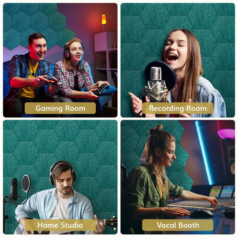 12 Pack Turquoise Hexagon Acoustic Panels High Density Foam Wall Tiles in a gaming and recording room.