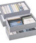 Deep Dresser Drawer Organizers 4 Pack Slick Fabric Closet Bins That Clean Up Messy Bedrooms Fits Like A Glove, grey bins storing rolled clothes.