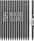 16 Inch Heavy Duty Rebar Stakes Set Of 16 Ground Anchors held in hand, black, with chisel point and 16 inch length displayed