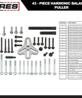 43-Piece Harmonic Balancer Puller Kit With Heavy-Duty 4-Way Slotted Yoke and Pro-Grade Center Forcing Screw pieces displayed