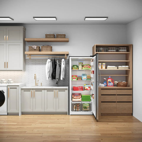 Twenty One Cubic Feet Upright Convertible Refrigerator Freezer Combo With Adjustable Drawers For Stashing Fresh Groceries And Keeping Cold Bevvies Chilled In Your Garage in a modern kitchen.