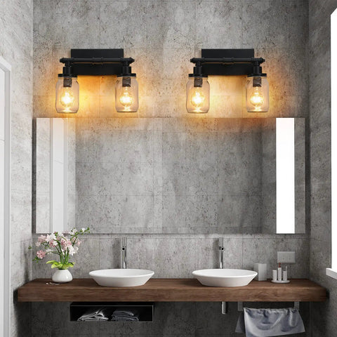 Bathroom with Industrial Mason Jar Vanity Lights 2 Pack With Clear Glass Shades Gold And Black Farmhouse Wall Sconces