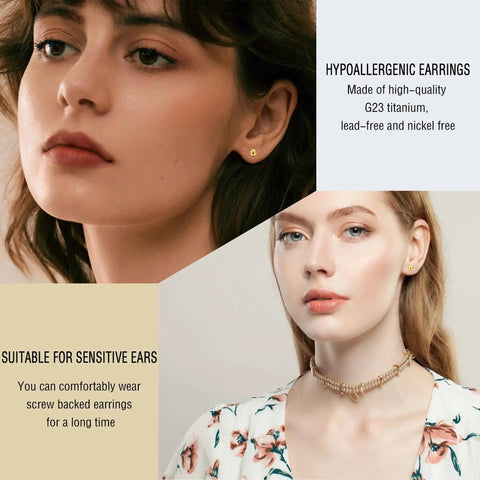 Hypoallergenic Titanium Flat Back Ball Stud Earrings For Sensitive Ears Gold Tone 5mm Ball Size, Nickel Free And Implant Grade, Simple Classic Style For Earlobes And Cartilage, Everyday Wear Jewelry, worn on ear