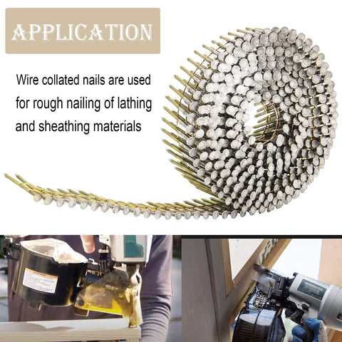 1-1/2 Inch Hot-Dipped Galvanized 15 Degree Collated Wire Coil Siding Nails Full Round Head Ring Shank 0.092 Inch For Rough Nailing Lathing And Sheathing 1600 Count shown being used in nailer application.